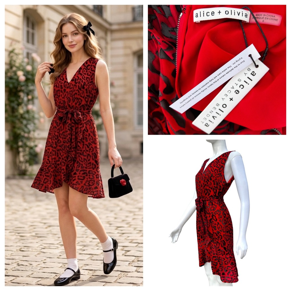 New Alice + Olivia Brooks Red Leopard Print Silk Mini Dress Coquette NWT Size 6